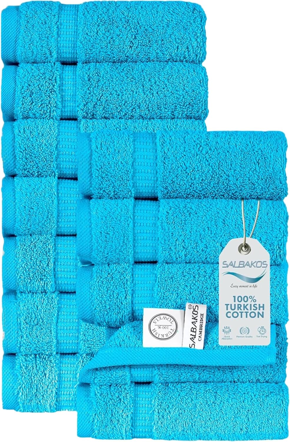 SALBAKOS 100% Turkish Cotton Washcloth Set of 12 13x13 inch | Heirloom Quality | Hotel & Spa Collection | Ultra Soft, Super Absorbent, Washcloth Towels | Made in Turkey (Aqua, 12 Washcloths)