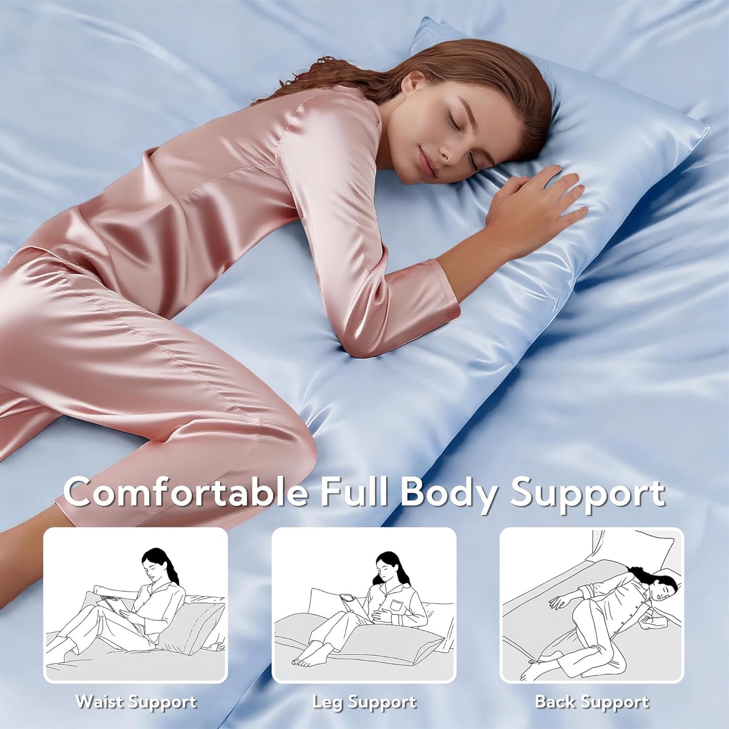 MR&HM Satin Body Pillow Cover, Soft and Breathable Body Pillow Case with Envelope Closure, Cooling and Silky Long Pillowcase for Hair and Skin,Grey (20x54, Light Blue)