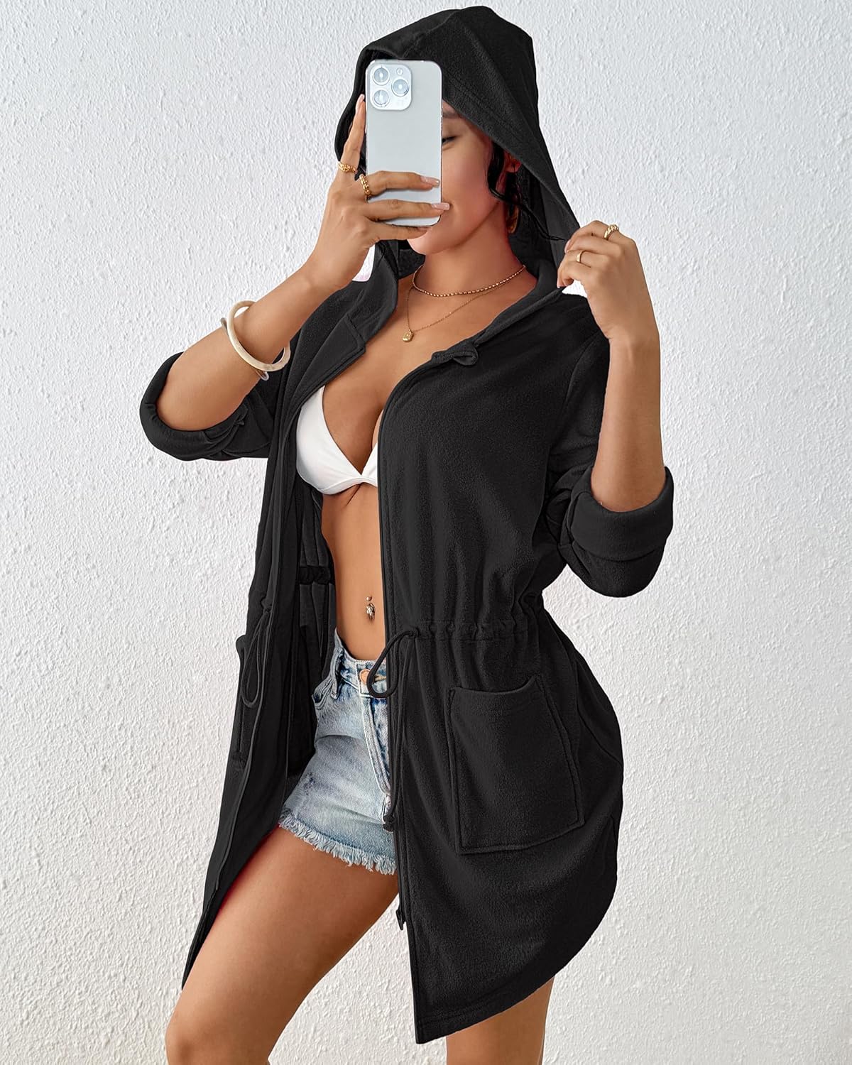 Bsubseach Terry Cloth Cover Up - Women Zip Up Long Sleeve Swimsuit Coverup Hooded Bath Robes with Pockets