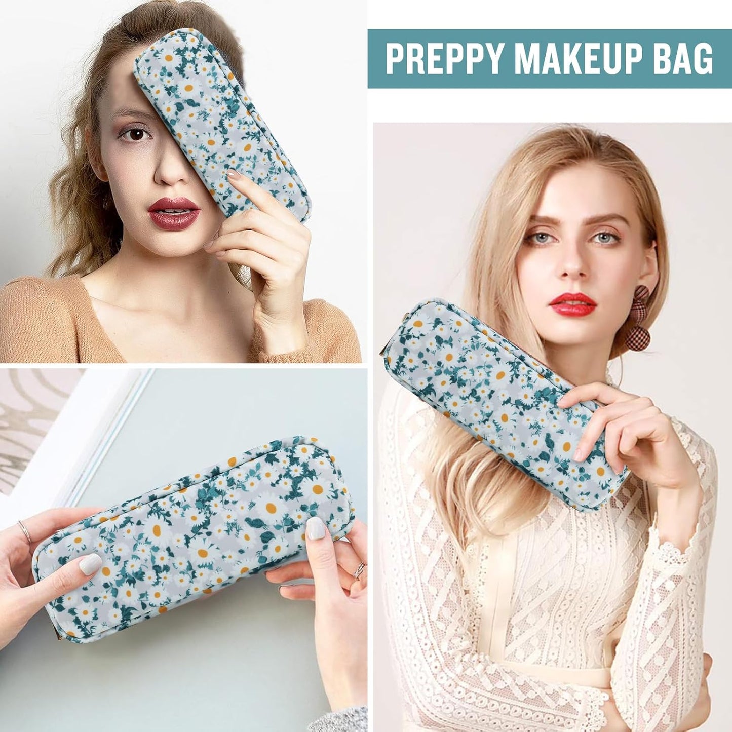 izuzta Nylon Small Floral Makeup Bag Slim Pouch, Preppy Cute Makeup Brush Case Bag Flower Cosmetic Zipper Pouch Purse, Waterproof Travel Toiletry Bag Coin Pouch Make Up Organizer Women(Green-Daisy)