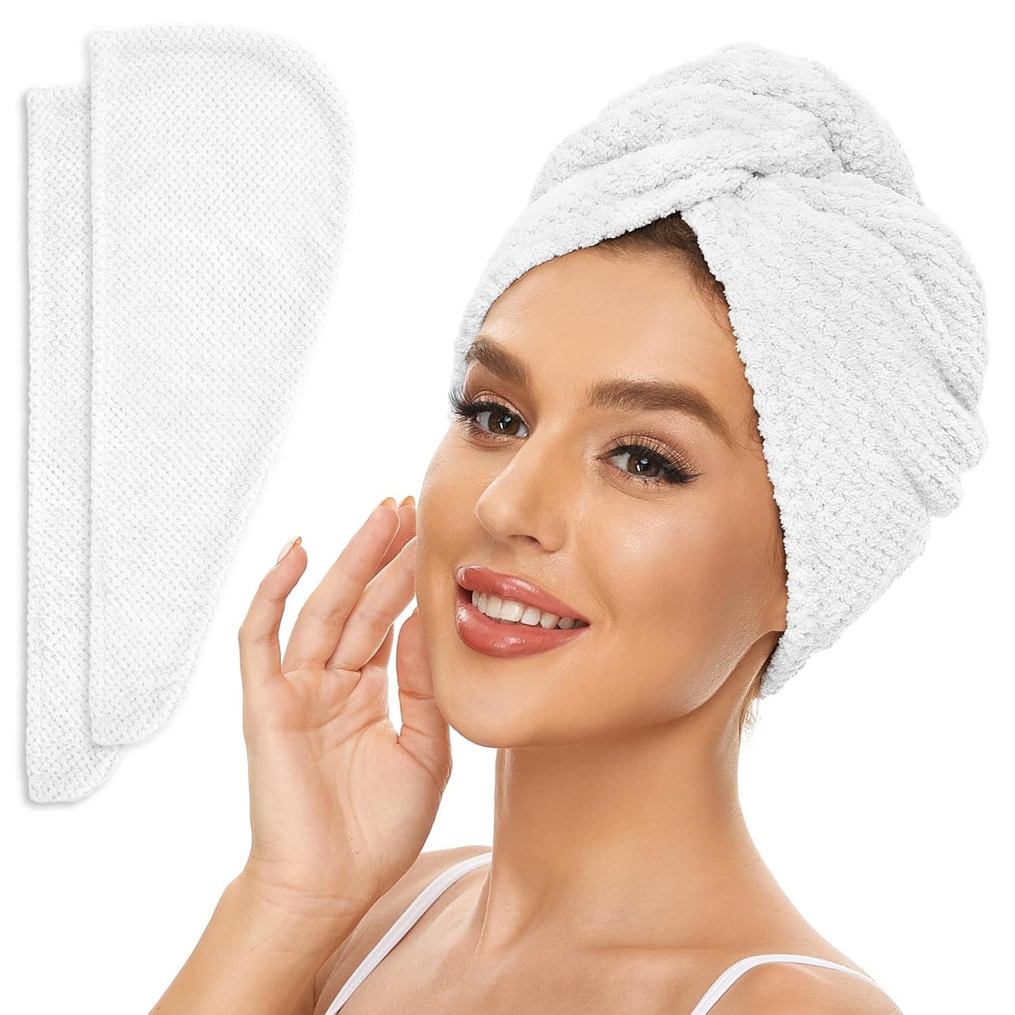 2 Pack Microfiber Hair Towel Wrap for Women, Anti Frizz Quick Drying Hair Turban for All Hair Style, Absorbent and Lightweight (Bright White)