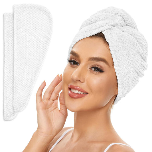 2 Pack Microfiber Hair Towel Wrap for Women, Anti Frizz Quick Drying Hair Turban for All Hair Style, Absorbent and Lightweight (Bright White)