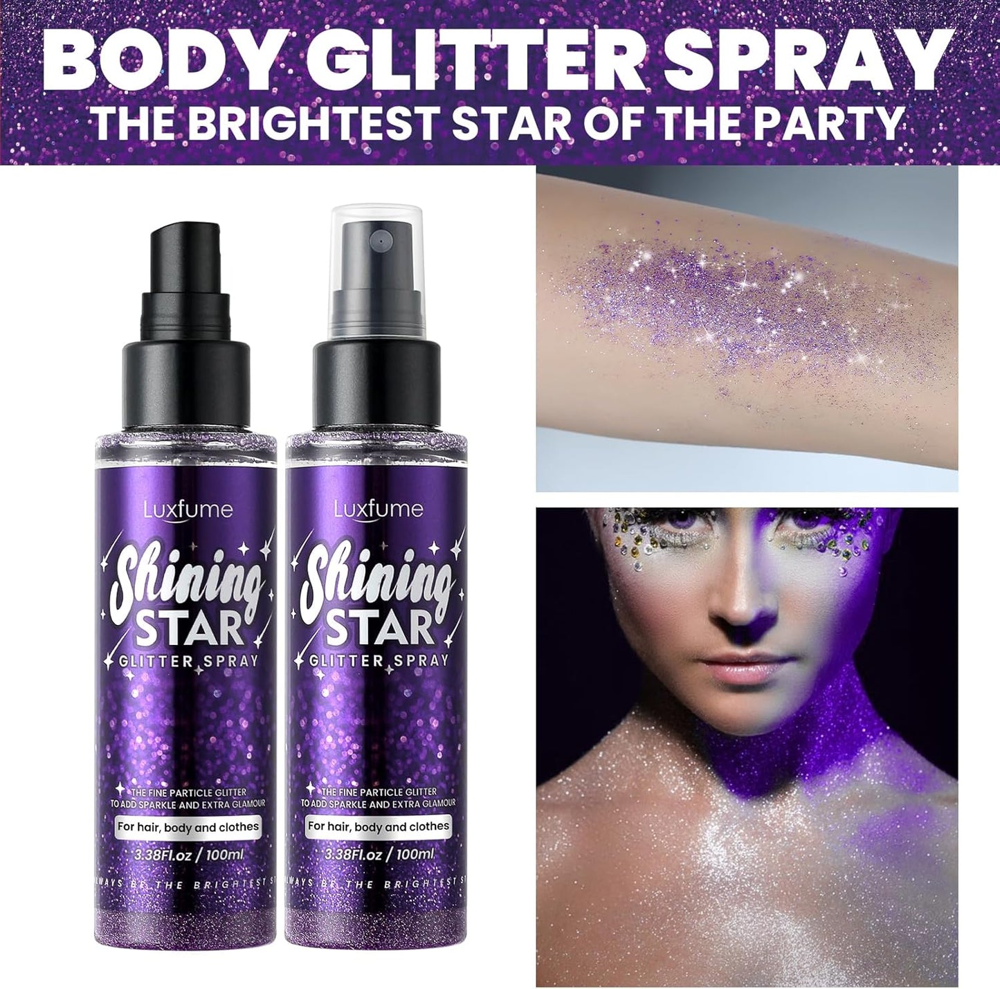Body Glitter Spray, Glitter Hairspray, Purple Body Glitter Spray, Quick-Drying and Waterproof Glitter Hairspray, Nozzles are not Easily clogged, Long-Lasting Body Shiny for Stage Makeup, 3.38Oz