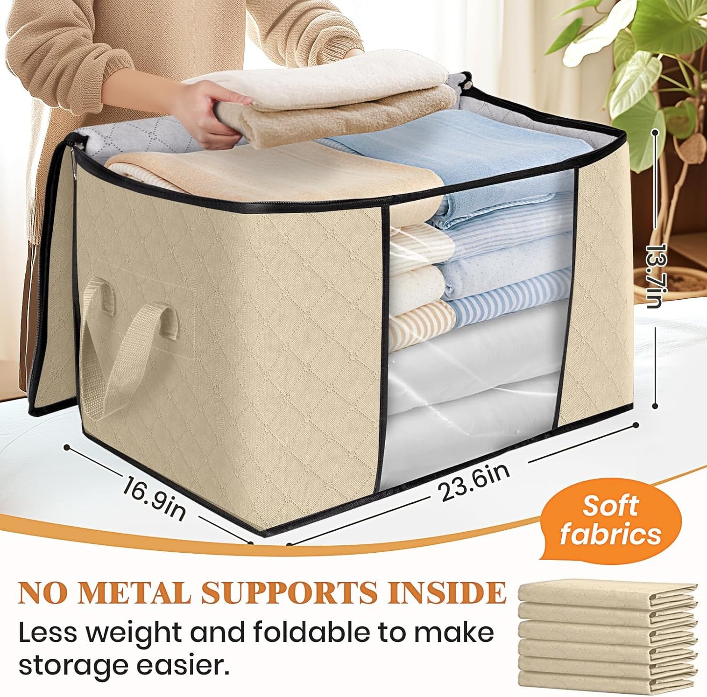 Fab totes 24 Gallons Clothes Storage, Foldable Thick Fabric Blanket Storage Bags, Containers for Organizing Bedroom, Closet, Clothing, Comforter, Organization with Handle (3 Pack,Beige)