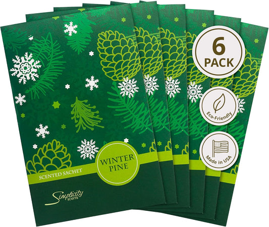 Simplicity Scents Winter Pine Scented Sachets Pack of 6, Fall & Winter - Long-Lasting Scented Bags, Home Fragrance, Air Freshener & Deodorizer for Closet, Room, Drawer, or Cars, Made in USA