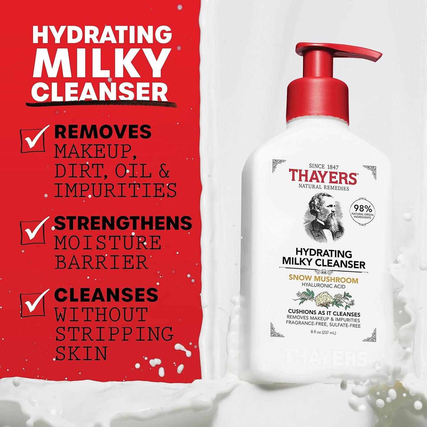 THAYERS Milky Hydrating Face Cleanser with Snow Mushroom, Hyaluronic Acid, Dermatologist Recommended Gentle Facial Wash, Hydrating Skincare for Dry, Sensitive Skin, Paraben Free, 8 FL Oz, Clear