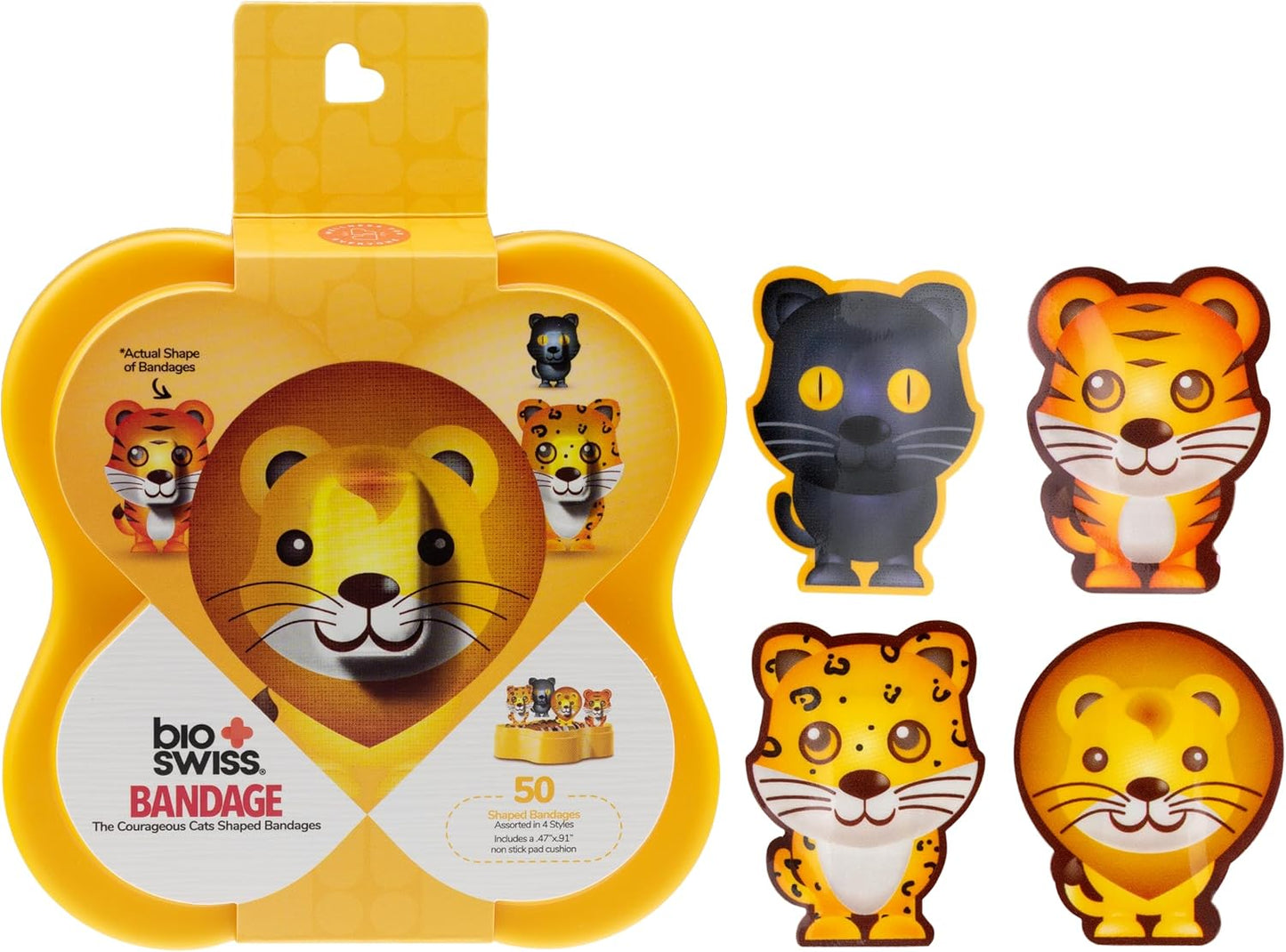 BioSwiss Kids Bandages, Courageous Cats Shaped Self Adhesive Bandage Set, Latex Free, Sterile Wound Care, 50 Count