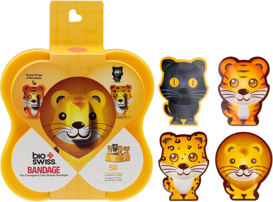 BioSwiss Kids Bandages, Courageous Cats Shaped Self Adhesive Bandage Set, Latex Free, Sterile Wound Care, 50 Count