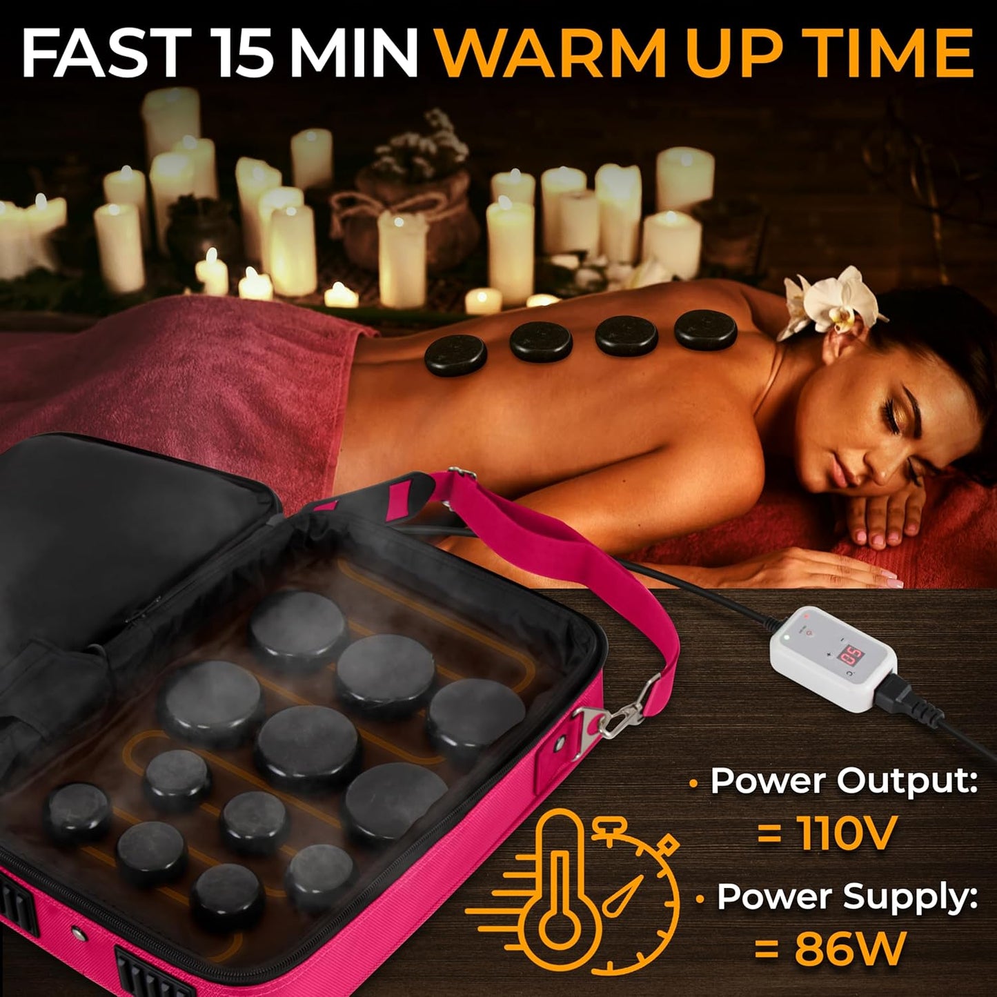 SereneLife Portable Massage Stone Warmer Set - Electric Spa Hot Stones Massager and Heater Kit with 6 Large and 6 Small Round Shaped Basalt Massaging Rocks, Digital Controller Heating Bag, Pink