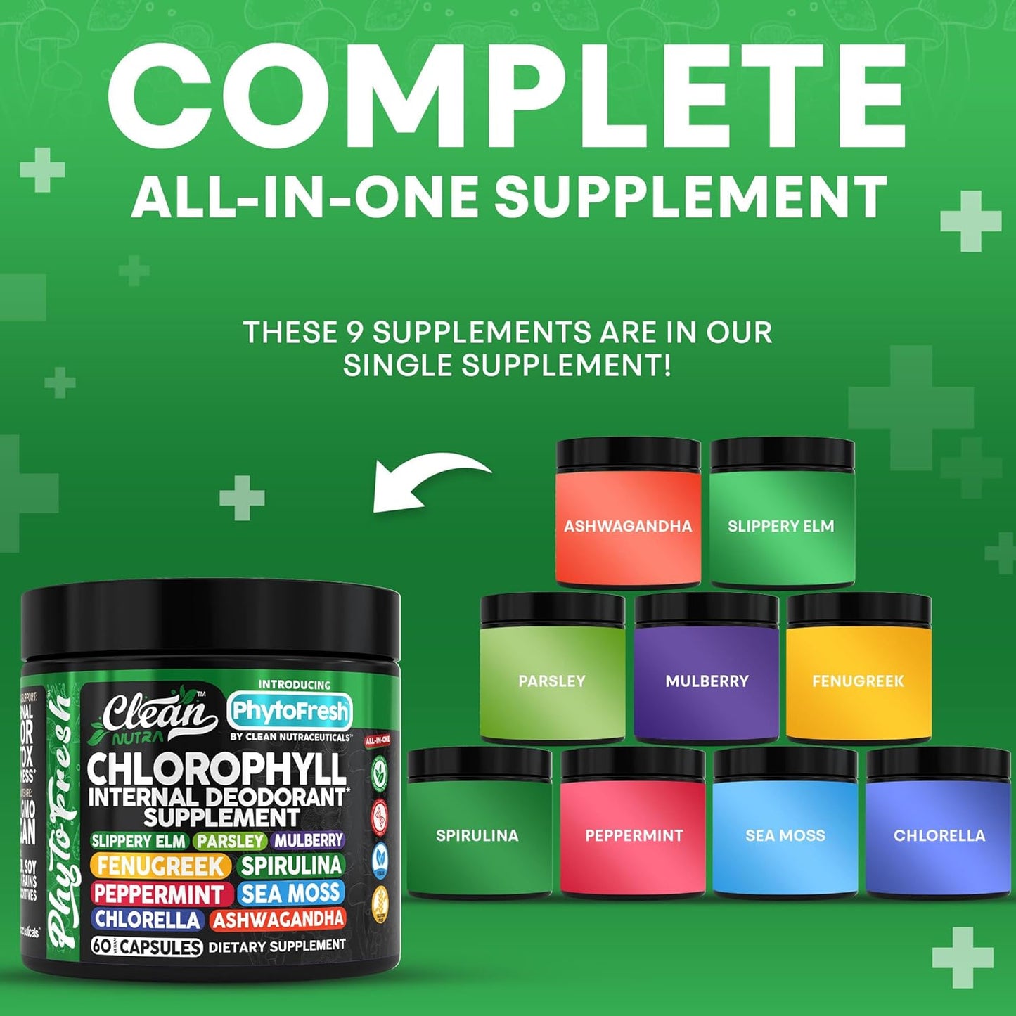 Clean Nutra Chlorophyll Capsules Supplement Internal Deodorant Peppermint, Sea Moss, Parsley, Chlorella, Spirulina, Slippery Elm, Ashwagandha, PhytoFresh Greens Detox Pills