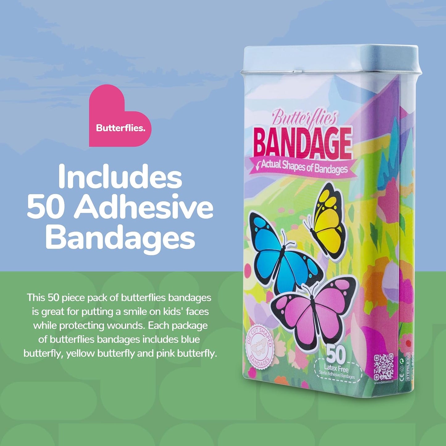 BioSwiss Kids Bandages, Butterfly Shaped Self Adhesive Bandage Set, Latex Free, Sterile Wound Care, 50 Count