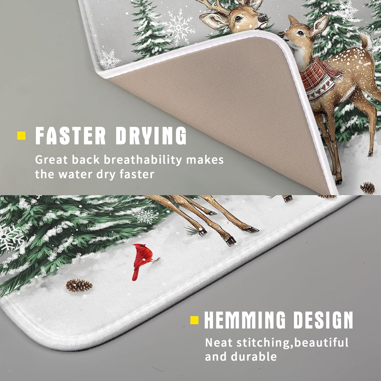 Winter Deer Dish Drying Mat Pine Tree Absorbent Dish Dry Pad Seasonal Microfiber Dish Drainer Mats for Kitchen Counter Coffee Bar 16x18 in