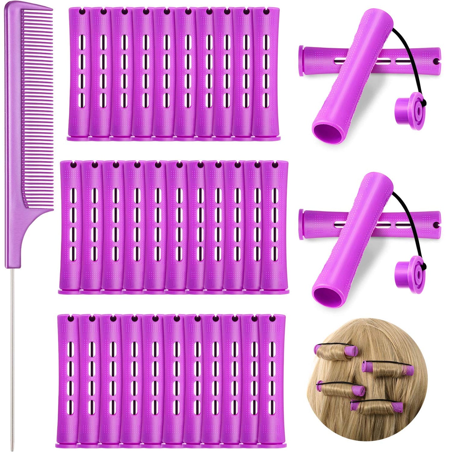 WILLBOND 36 Pieces Cold Wave Rod Hair Perm Rods Hair Rollers Perming Curlers with Steel Rat Tail Comb for Hairdressing Styling