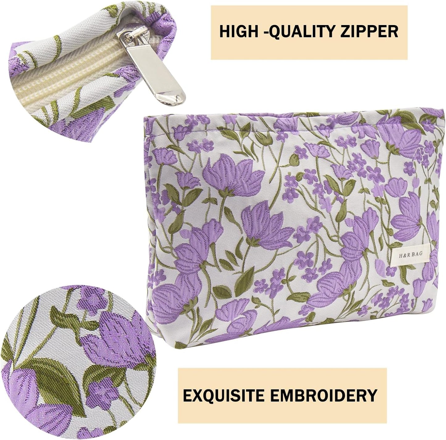 2 Pcs Makeup Bags, Large Cosmetic Bag Travel Toiletry Bag Organizer for Women, Embroidery Craft, Floral Makeup Bag Small Cosmetic Pouch Purse with Zipper Gifts for Girls Teen