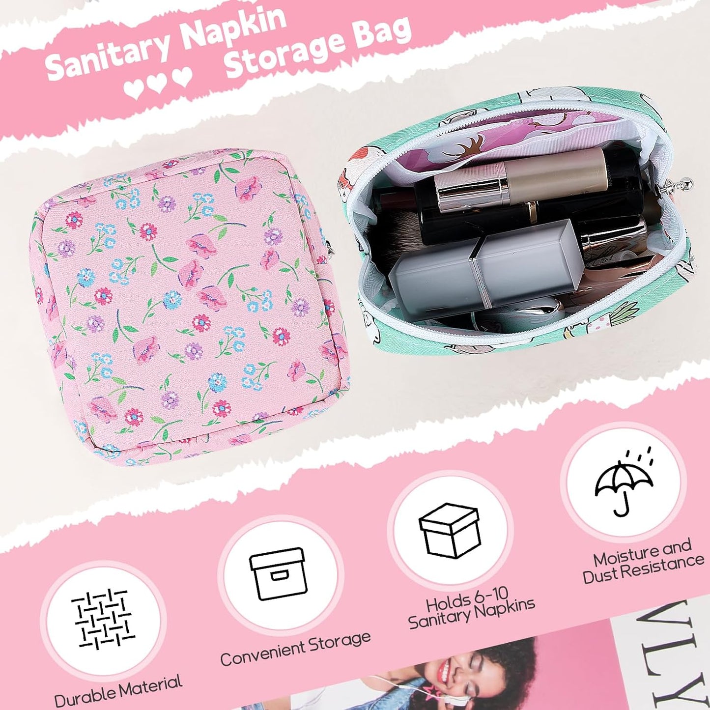 Desing Wish Period Bag Pouch Soft Cloth Sanitary Napkin Storage Bag Portable Menstrual Pad Pouches Tampon Holder for Purse First Period Kit for Girls 9-12 (Strawberry)
