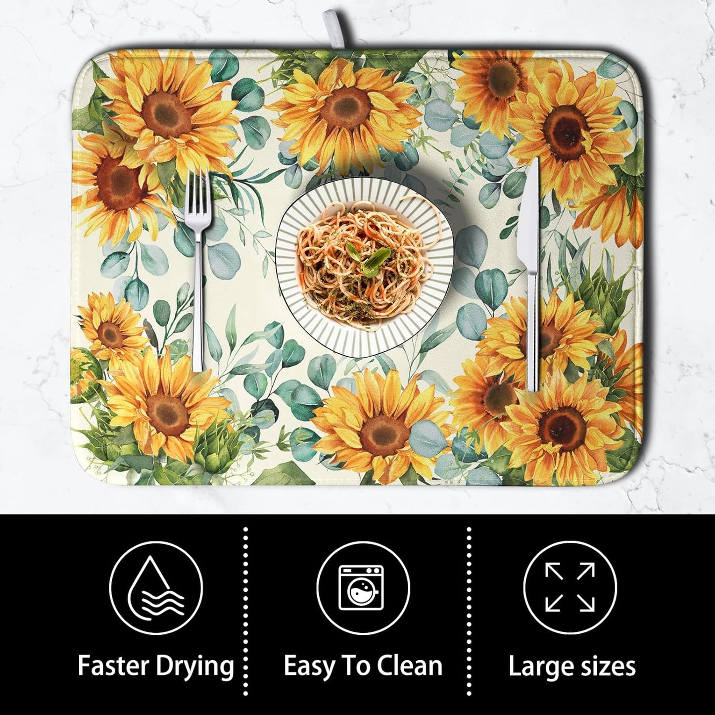 Sunflowers Dish Drying Mat for Kitchen Counter Yellow Flower Green Leaves Dish Draining Mats Spring Summer Floral Dishes Pad Microfiber Absorbent Dish Drainer Rack Mat Extra Large 18x24 Inch