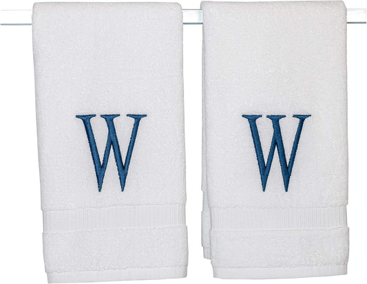 Monogrammed Hand Towels for Bathroom - Luxury Hotel Quality Personalized Initial Decorative Embroidered Bath Towel for Powder Room, Spa - GOTS Organic Certified - Set of 2 Navy Letter W