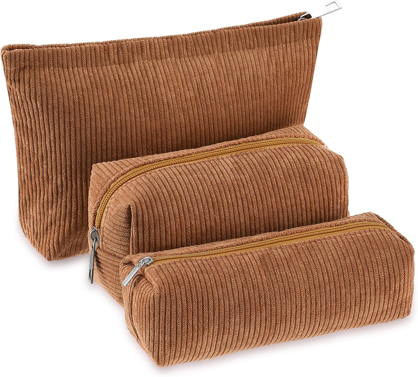 3 Pcs Makeup Bag Set for Women Corduroy Cosmetic Pouch Aesthetic Smile Travel Toiletry Bag Cute Purse Pouch Pencil Case Makeup Brushes Storage Organizer for Christmas(Brown,Solid Style)