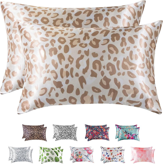 MR&HM Satin Pillowcase for Hair and Skin, Silk Satin Pillowcase 2 Pack, Queen Size Pillow Cases Set of 2, Silky Pillow Cover with Envelope Closure (20x30, Champagne Leopard)