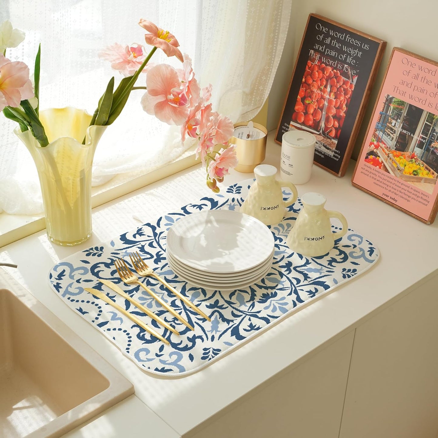 Blue Dish Drying Mat for Kitchen Counter, 18x24 Inch Navy Blue Boho Style Floral Absorbent Dish Drying Pad Heat Resistant Mat Coffee Bar Mat Dish Drainer Rack Mat