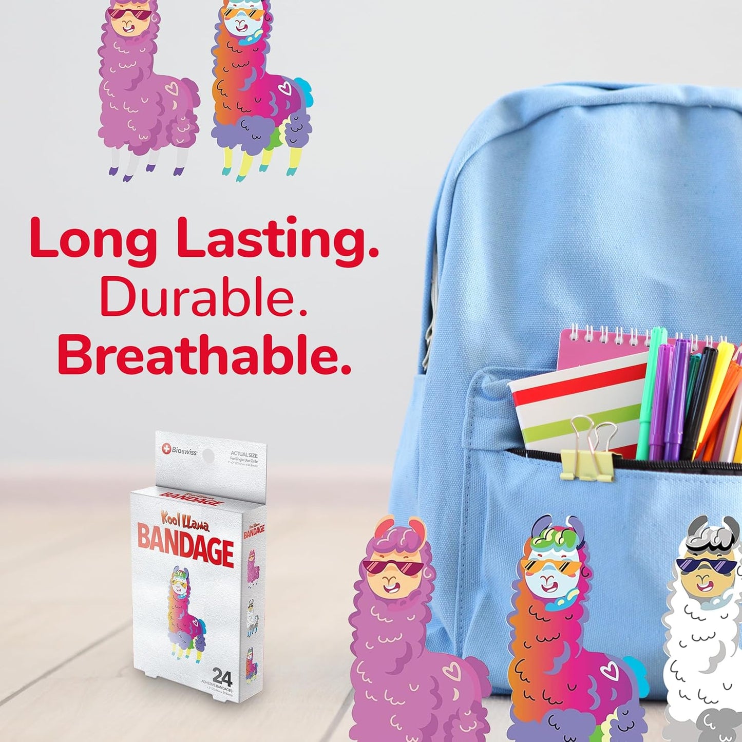BioSwiss Kids Bandages, Llama Shaped Self Adhesive Bandage Set, Latex Free, Sterile Wound Care, 24 Count