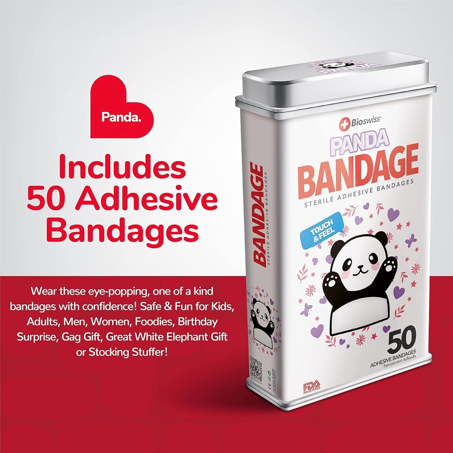 BioSwiss Kids Bandages, Panda Shaped Self Adhesive Bandage Set, Latex Free, Sterile Wound Care, 50 Count