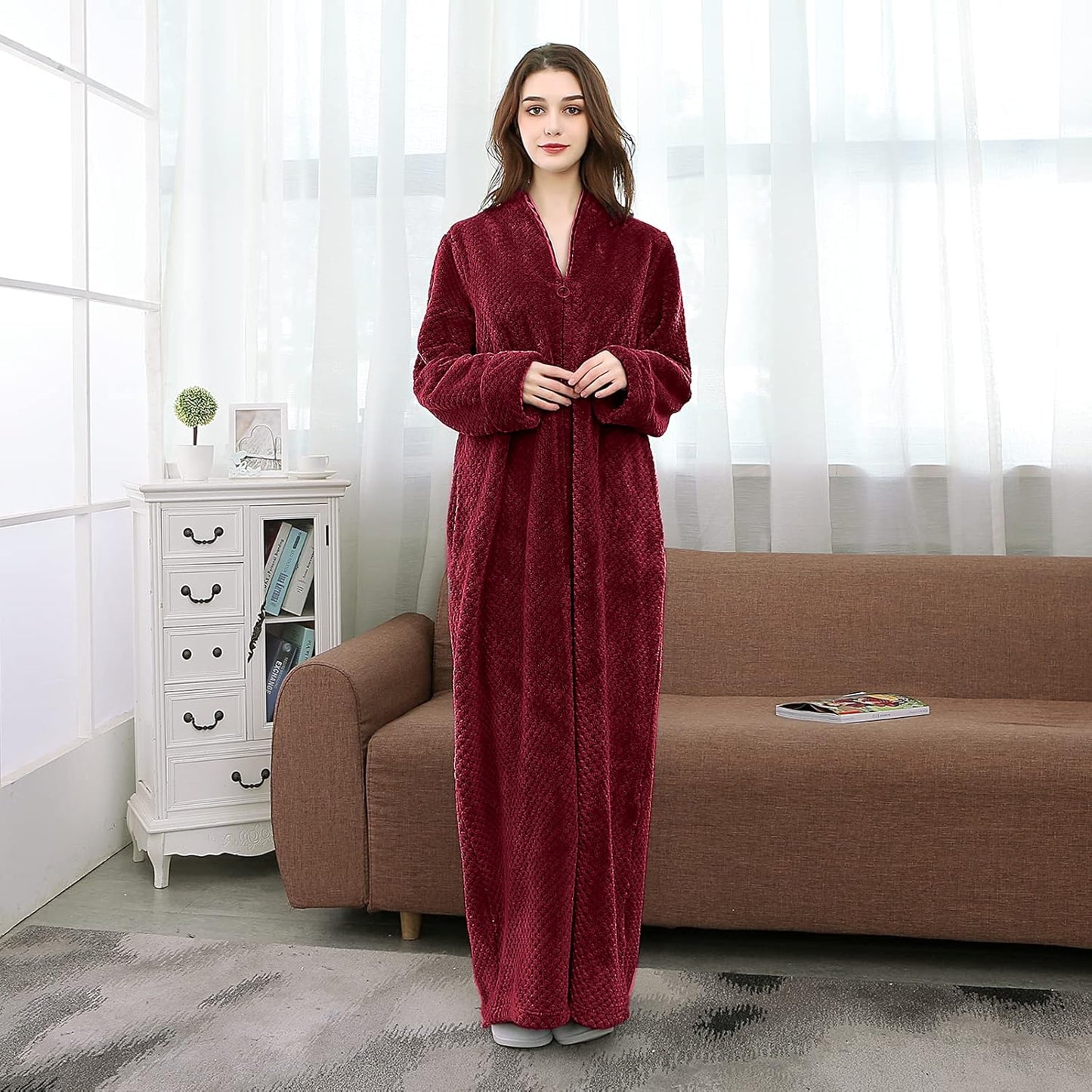 Artfasion Womens Fleece Robe Plush Long Zip Front Bathrobe with Pockets Warm Soft Zippered Bathrobes for Women