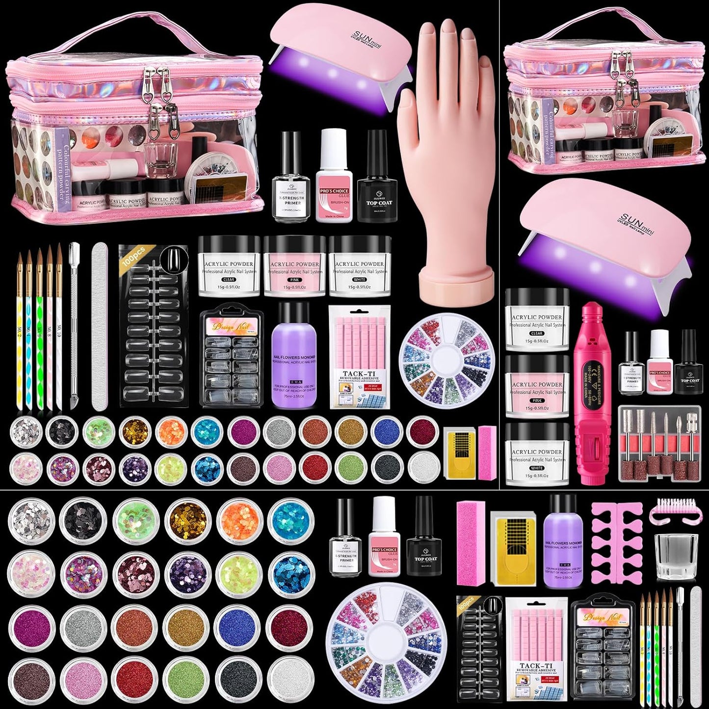 Acrylic Nail Kit with Everything: Beginners Practice Hand Acrylic Nail Powder Liquid Set with U V Lamp Drill in Gift Bag for Home Salon(Pink Bag)