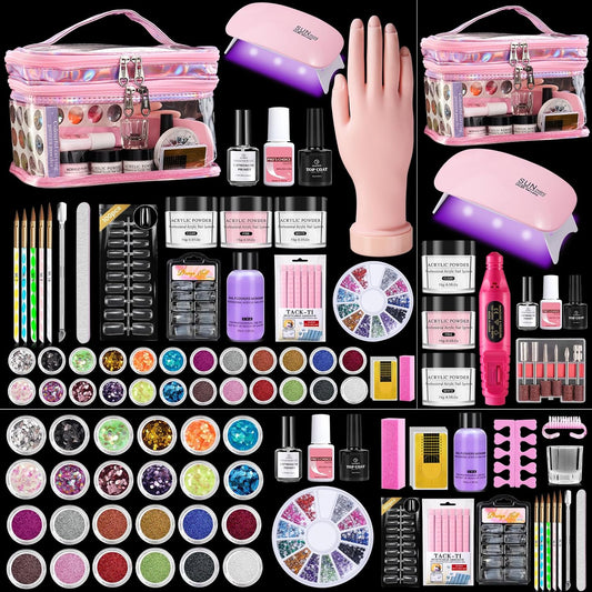 Acrylic Nail Kit with Everything: Beginners Practice Hand Acrylic Nail Powder Liquid Set with U V Lamp Drill in Gift Bag for Home Salon(Pink Bag)