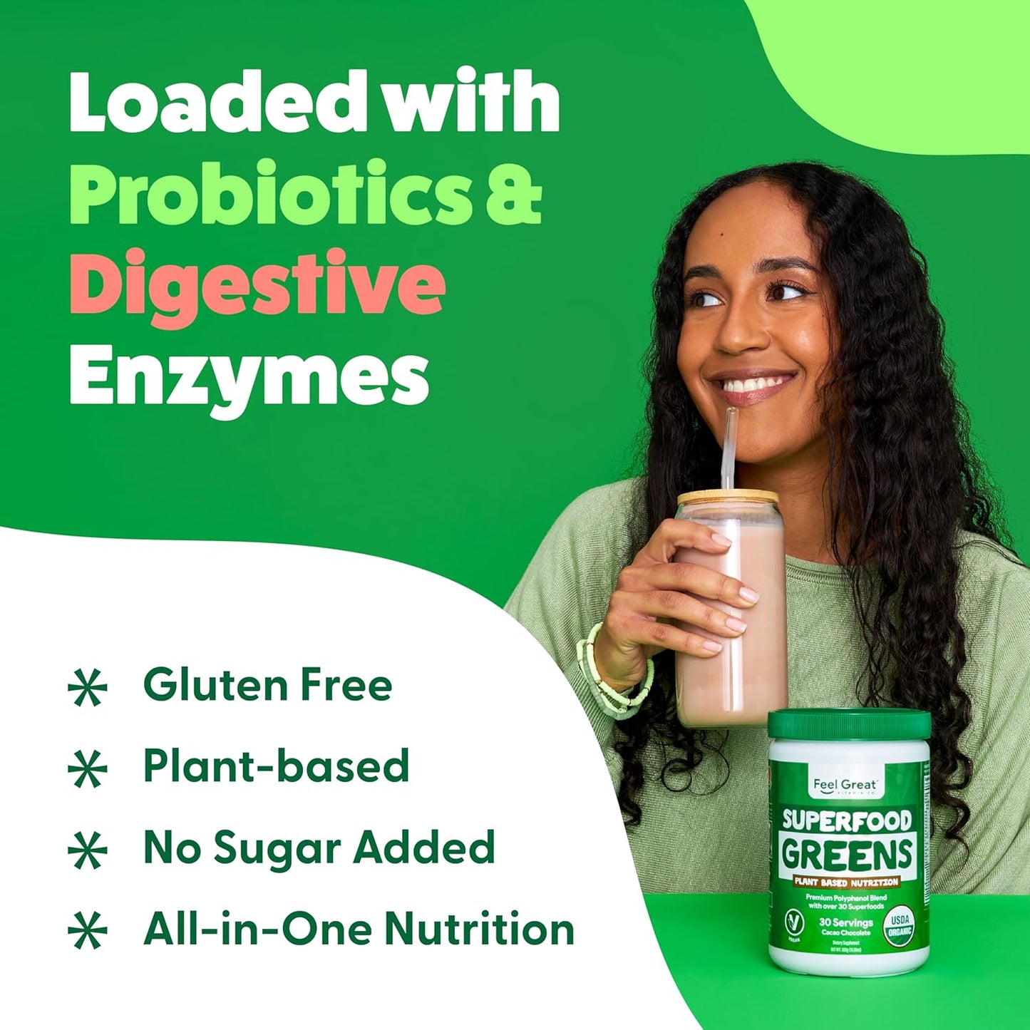 Feel Great USDA Organic Reds & Super Greens Powder Combo (2-Pack) | Over 35+ Greens, Fruits & Veggies, Fiber, Probiotics & Digestive Enzymes | 30 Servings