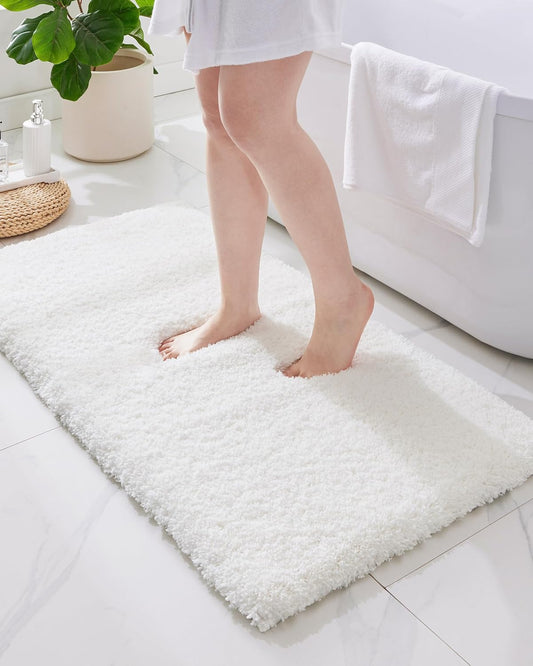 ILANGO White Bathroom Rugs 60" × 24" Non Slip & Super Absorbent Extra Thick Soft, Washable Bath Carpet Runner for Floor, Microfiber Plush Shaggy Bath Mats with Rubber for Bedroom Bathtub Shower Room