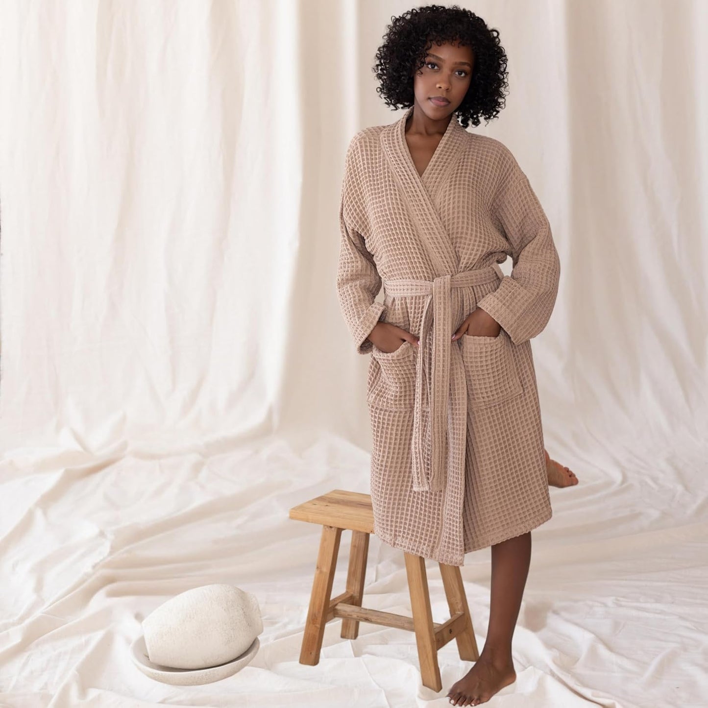 Womens Kimono Waffle Robe - Lightweight 100% Turkish Cotton Housecoat for All-Day Lounging - Bathrobe for Shower