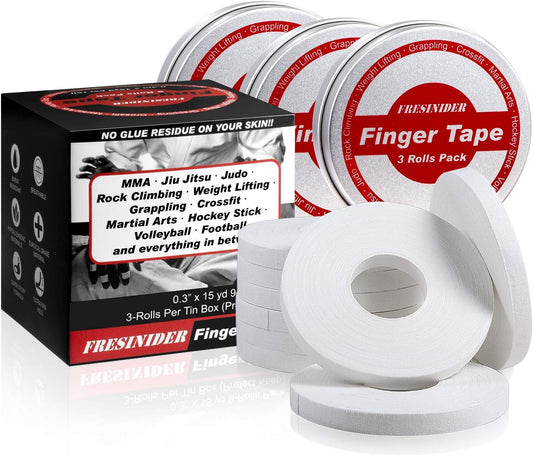 FRESINIDER Finger Tape - Strong Athletic Tape | 0.3” x 45 Feet (9 Pack) Tin Set | No Sticky Residue | for Rock Climbing, BJJ Jiu Jitsu, Grappling, Judo, MMA, Rock Climbing and Martial Arts (White)