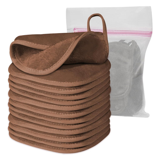 Makeup Remover Cloth, 6" x 6" Make Up Towels Reusable Face Cloth for Washing Face, Makeup Remover Pads Microfiber Face Washcloth with Mesh Bag, Just Water, 12 Pack, Brown
