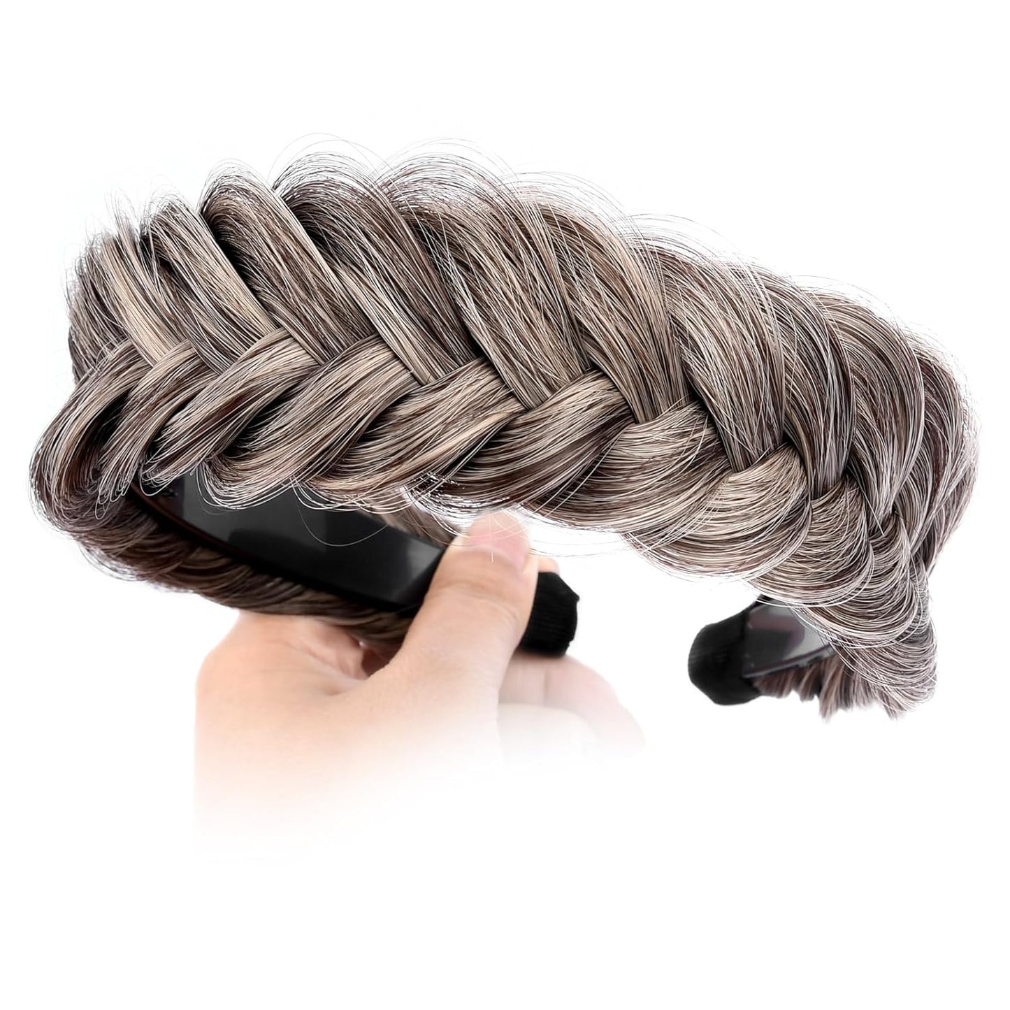 DIGUAN Wide Messy Braided Headband With Teeth Synthetic Hair Plaited Headband High Elasticity Braids Chunky Fishtail Braided Hair Band Hairpiece for Girls Women Beauty Accessory (Gray Brown)