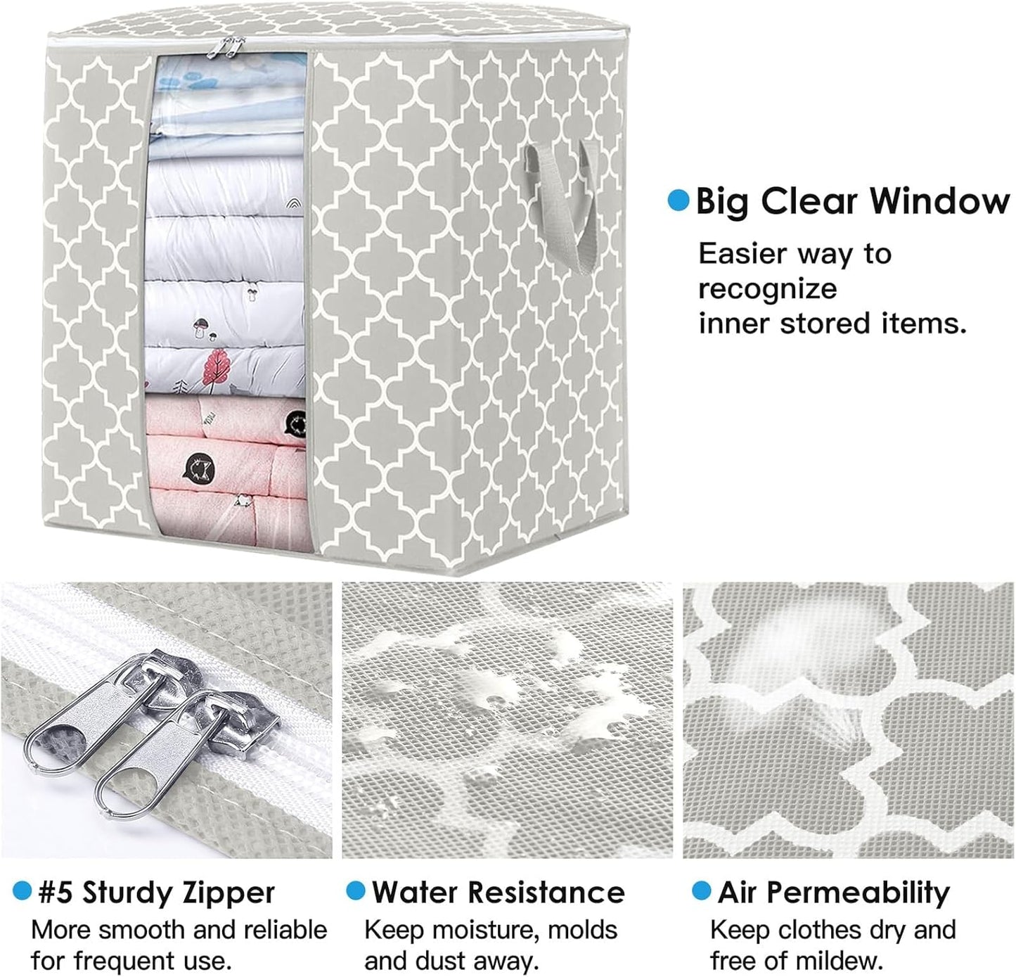 WISELIFE Storage Bags 3 Pack/100L Large Blanket Clothes Organization and Storage Containers for Comforters,Bedding, Foldable Organizer with Reinforced Handle, Clear Window, Sturdy Zippers,Lvory