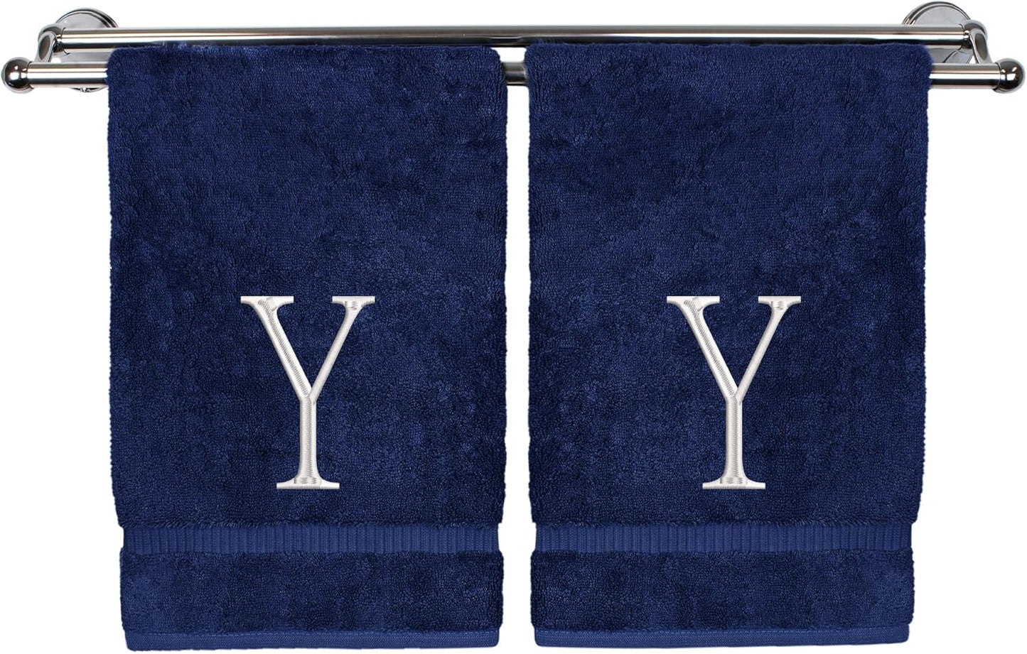 Monogrammed Hand Towel, Personalized Initial Gift, Extra Absorbent 100% Turkish Cotton - Soft Terry Finish - Set of 2 - White Block Initial Y - Embroidered on Navy Blue Towels