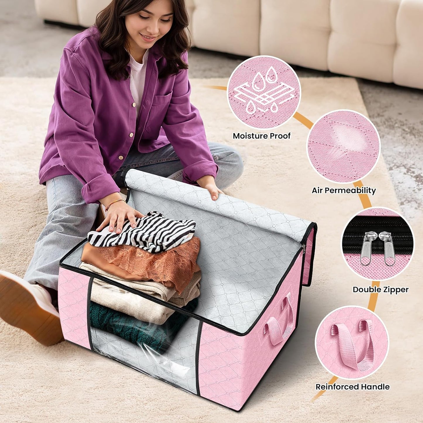 Fab totes 8 Pack Clothes Storage, Foldable Thick Fabric Blanket Storage Bags, Containers for Organizing Bedroom, Closet, Clothing, Comforter, Organization with Handle,Pink