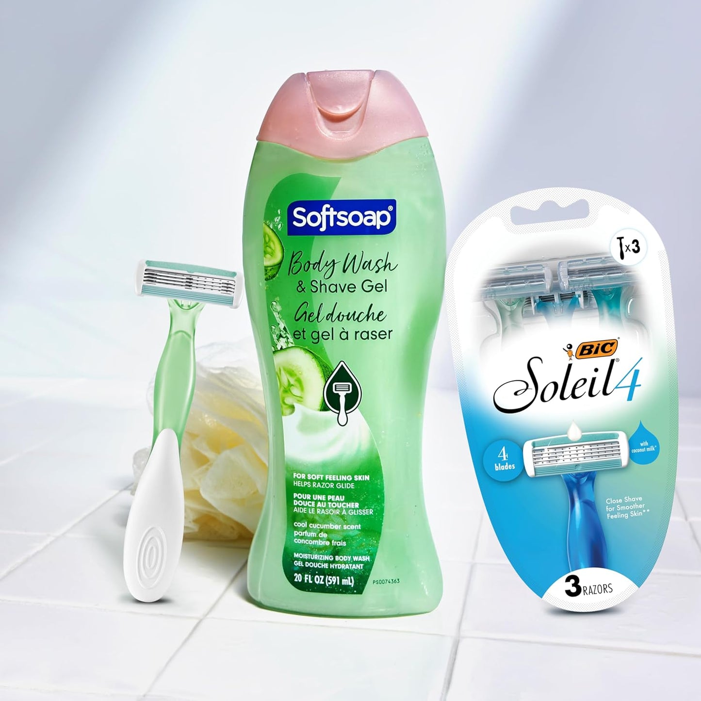 Softsoap Body Wash & Gel Cucumber, 20oz, pack of 1 + BIC Soleil Comfort 4-Blade Disposable Razors for Women Sensitive Skin Razor for a Smooth and Close Shave, 3 Piece Razor Set