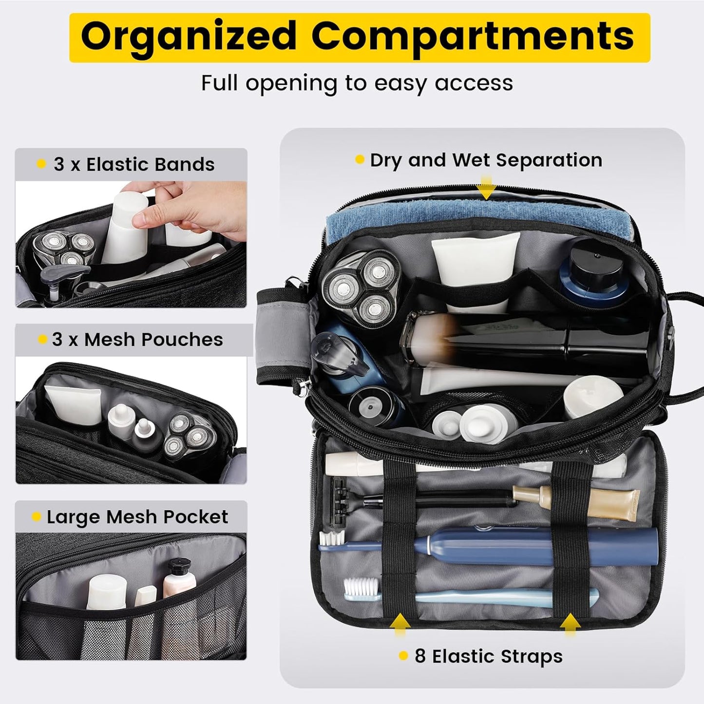 Vorspack Travel Toiletry Bag - Water Resistant Travel Bag for Toiletries, Cosmetics, Accessories, Gifts for Men - Black