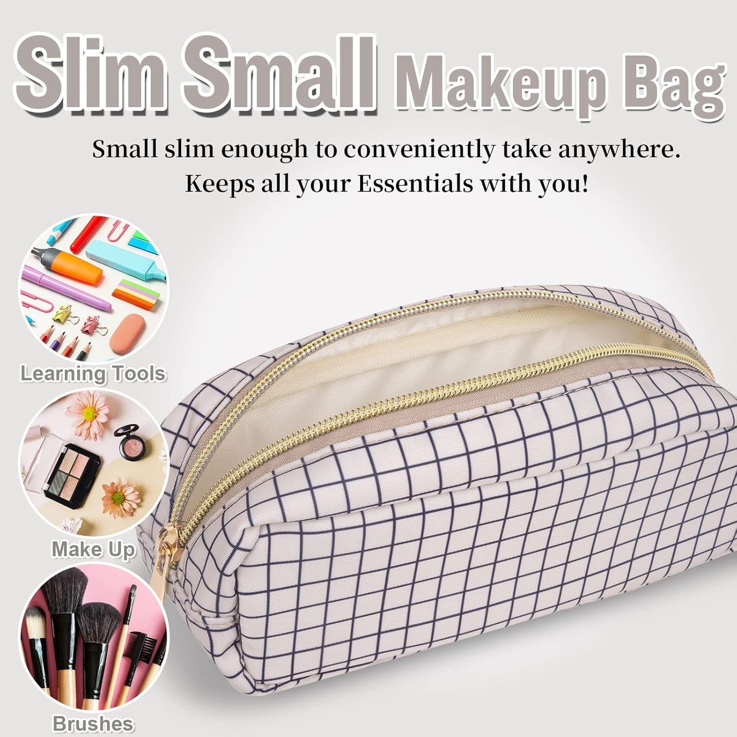 Nylon Slim Makeup Bag, Cute Makeup Brush Bag Checkered Makeup Bag Preppy Cosmetic Zipper Pouch for Purse, Travel Toiletry Bag Coin Pouch Make Up Organizer for Women Men Girls