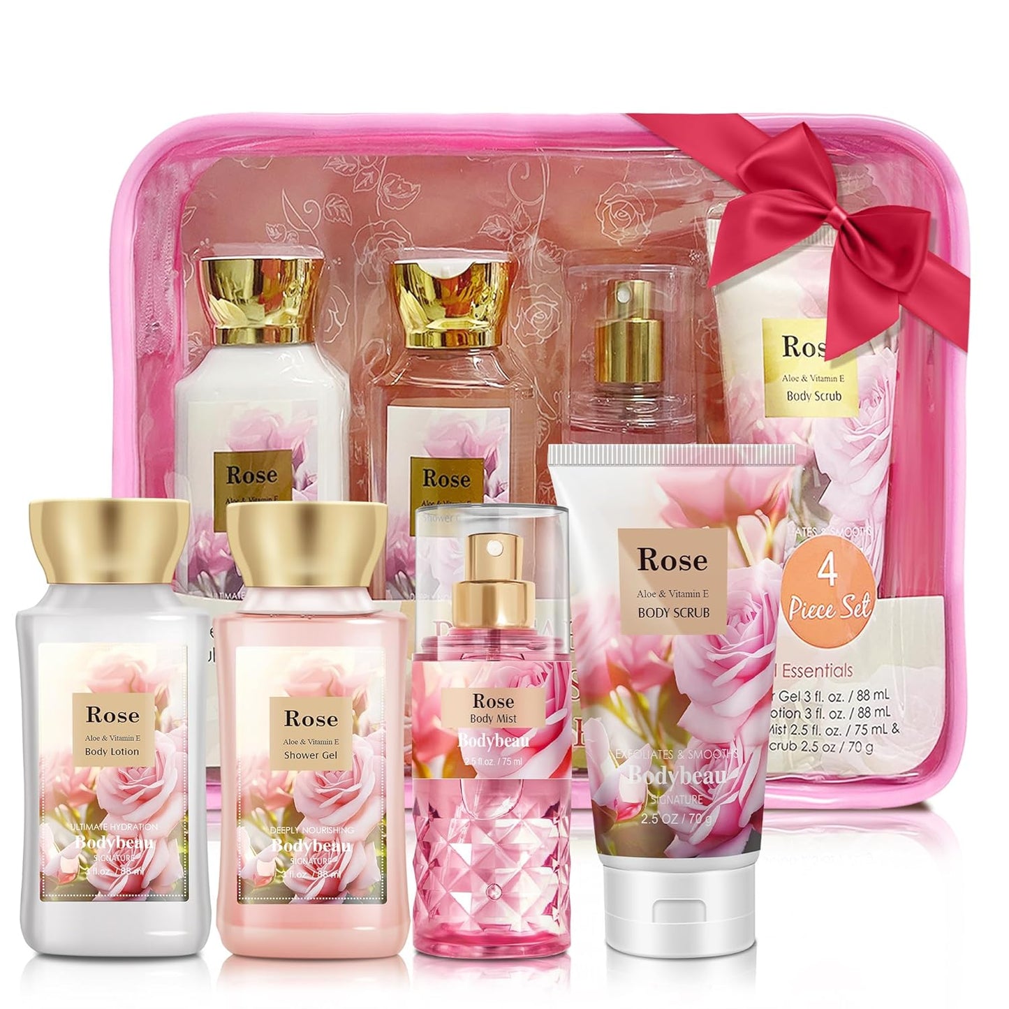 Bath and Body Gift Set for Women & Girls, Rose 4PCS Set for - Shower Gel, Body Lotion, Body Mist, Exfoliating Scrub, Personal Portable Body Care Travel Set