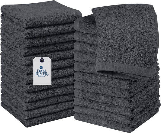 DAN RIVER 100% Cotton Wash Cloths 24 Pack [12x12] Soft & Absorbent wash Rags for Bathroom, Gym, Hotels & Spa Perfect for Everyday Use Fingertip Towels, Dark Gray
