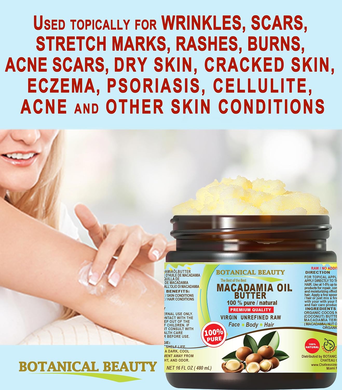 Botanical Beauty MACADAMIA OIL BUTTER 100% Pure Natural VIRGIN UNREFINED Cold-Pressed for Face, Skin, Body, Hair, Lip, Nails. Rich in Vitamin E, Omega 3, Omega 6 (16 Fl Oz)