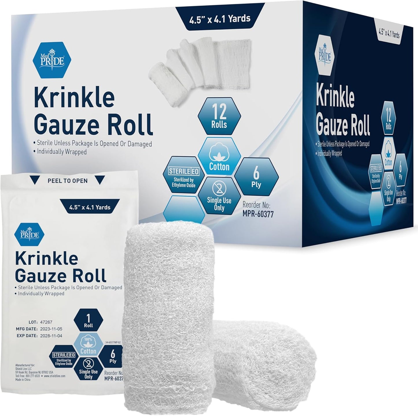 MED PRIDE Sterile Krinkle Gauze Roll 4.5in X 4.1yd 6 Ply Highly Absorbent Cotton Roll Gauze Individually Wrapped Wound Dressing (12 12 Count (Pack of 1))