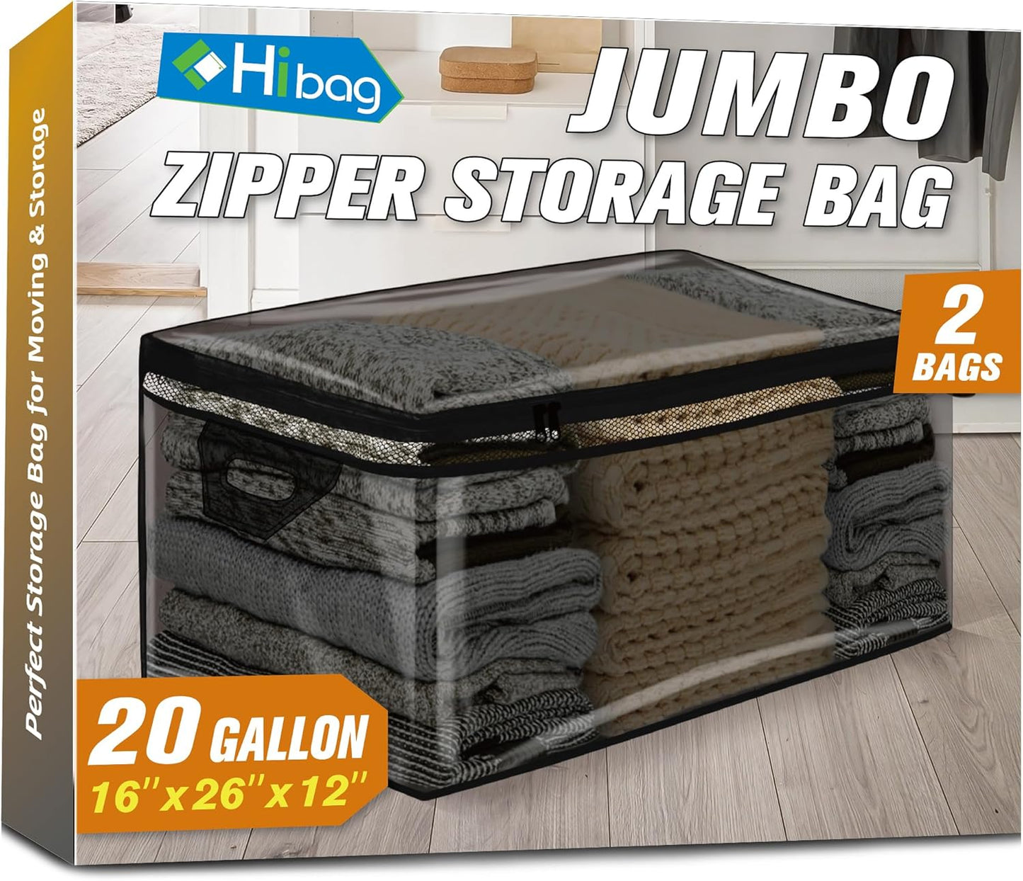 HIBAG 20 Gallon Large Storage Bag for Clothes, Zipper Clothing Storage Bag Organizer with Handles, for Comforters Blankets Pillows Bedding (Black, 2 Pack)