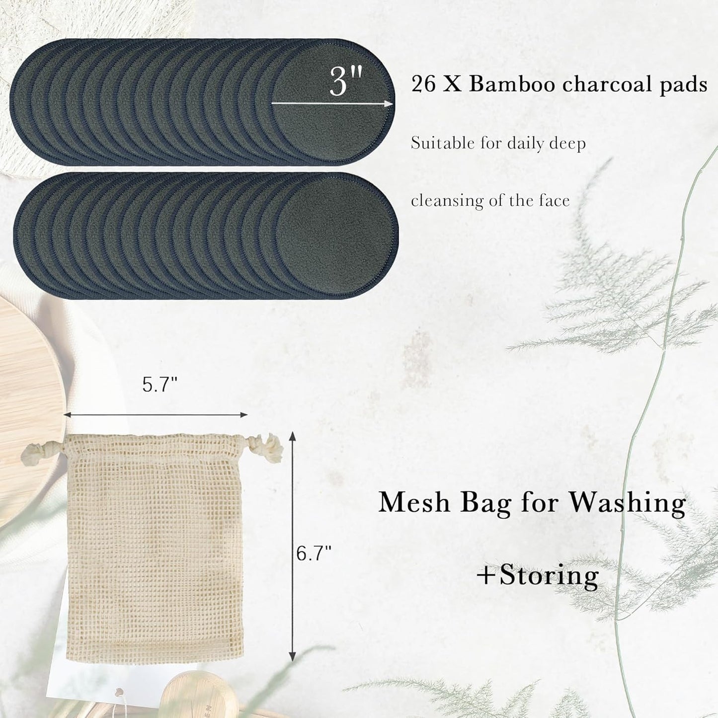 Reusable Bamboo Charcoal Makeup Remover Pads - 26 Packs Reusable Cotton Rounds with Cotton Bag | Organic, Zero Waste, Gentle for All Skin Types | Double-Sided Washable Bamboo Cotton Rounds