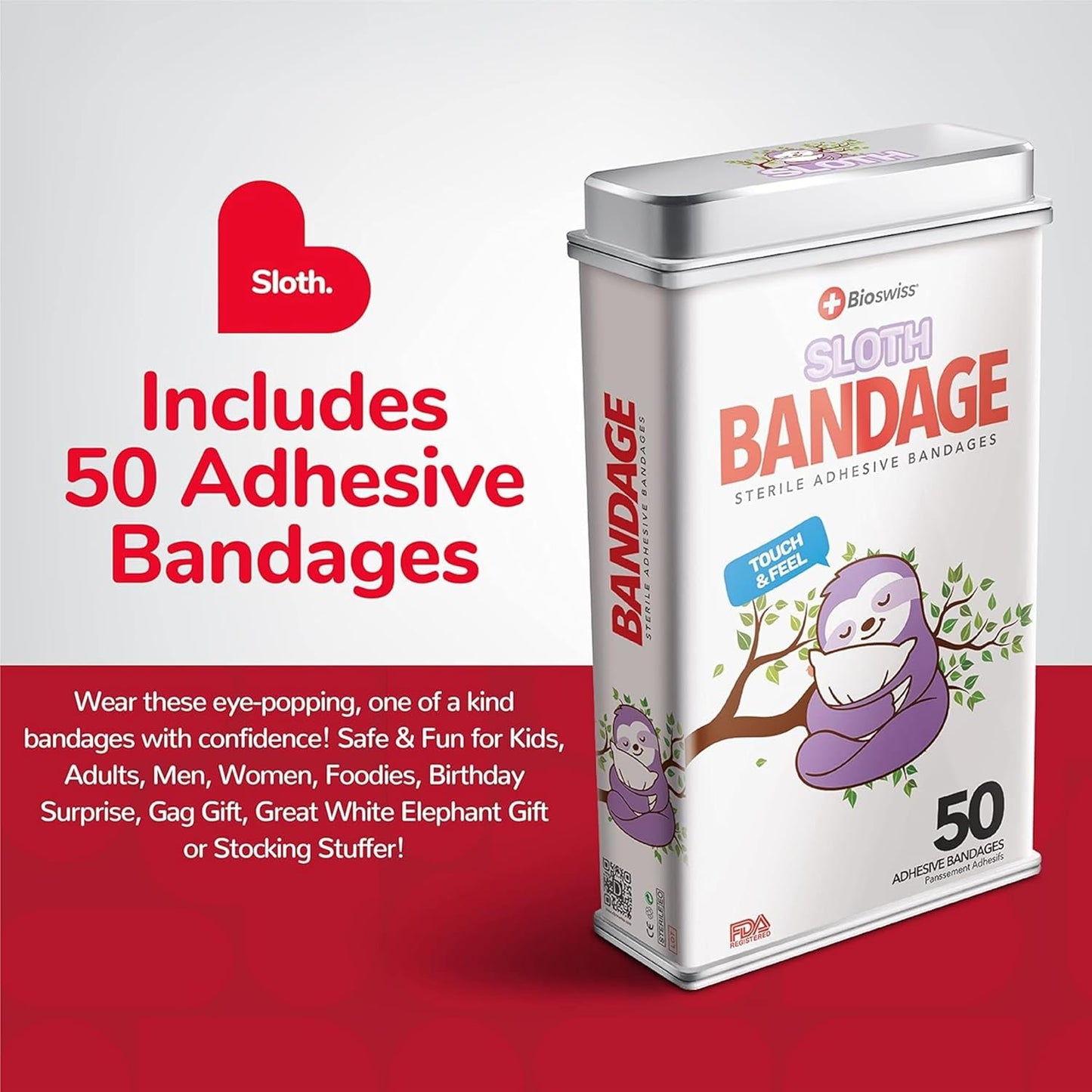 BioSwiss Kids Bandages, Sloth Shaped Self Adhesive Bandage Set, Latex Free, Sterile Wound Care, 50 Count