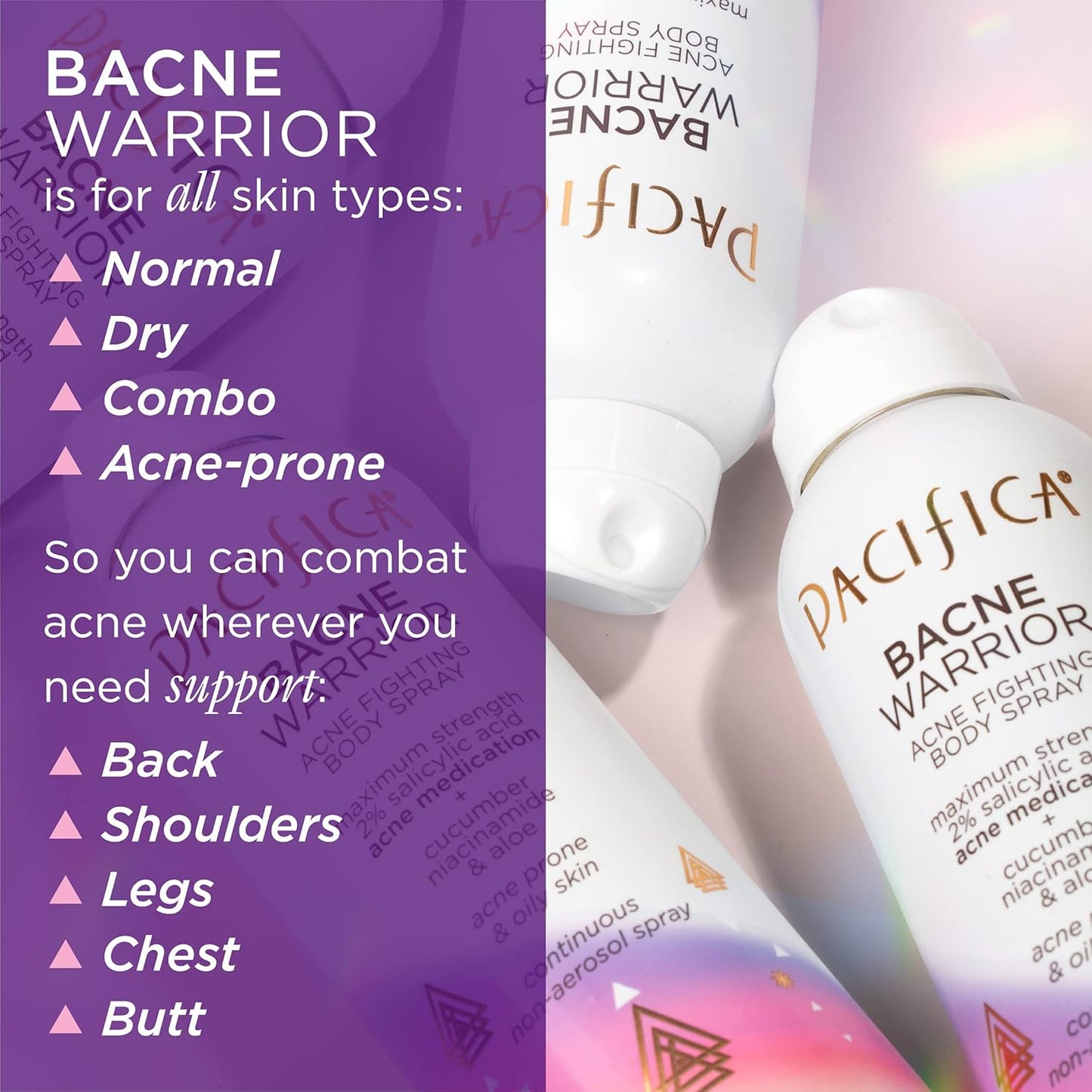 Pacifica Bacne Warrior - Bacne Salicylic Acid Spray, Back Acne Treatment Spray with 2% Salicylic Acid, Niacinamide, and Aloe, Body Acne Warrior for Body, Chest, and Back, Dermatologist Tested- 6 Fl Oz