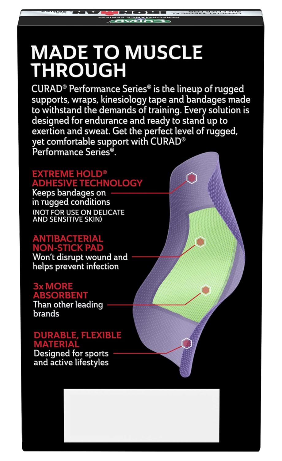 CURAD Performance Series IRONMAN Antibacterial Bandages, Extreme Hold Adhesive Technology, Extra Large Flexible Fabric Bandages for Cuts, Scrapes, & Burns, Assorted Colors, 2 x 4 inches, 10 Count